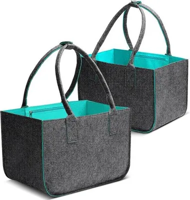 Image de Ensemble de 2 sacs de courses en feutre Unyqoos®, 30 litres (40 x 27 x 27 cm), pliables, de couleur gris foncé avec doublure turquoise, capacité de charge d'environ 10 kg