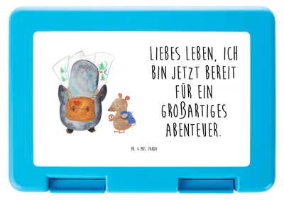 Produktbild von Mr. & Mrs. Panda Lunchbox Pinguin & Maus Wanderer - Weiß - Geschenk, Bentobox, Wandern, Brot Aufbewahrungsbox, Bento Box, Lebensmittel, Abenteuer, Snackbox, Pinguine