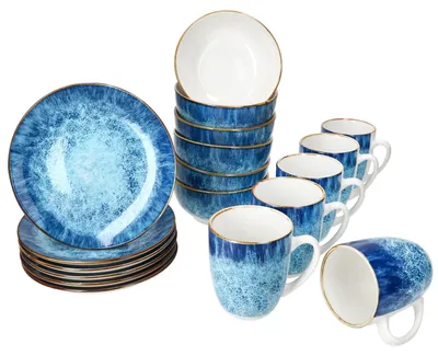 Zdjęcie produktu dla Marina 18pc zestaw śniadaniowy niebieski mały talerz miska kubek porcelana 6 osób