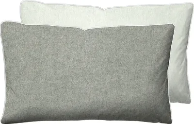 Two pillows are shown, one in front of the other. The front pillow is gray, and the back pillow is white.