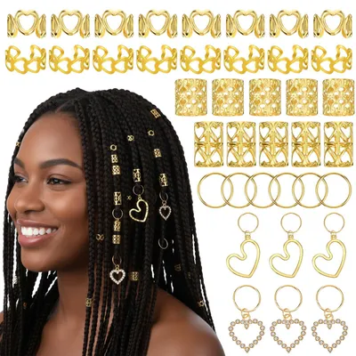 Produktbild von 106-teiliges goldenes Haarschmuckset für Zöpfe und Dreadlocks, Haarspangen, Haaraccessoires für Dreadlocks, Haarclips für Damen und Herren, verstellbare Haaraccessoires, Haarringe