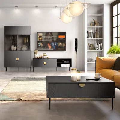 Produktbild von Wohnzimmer Möbel Set schwarz MOLONG-166 3-teilig Wohnwand mit Couchtisch