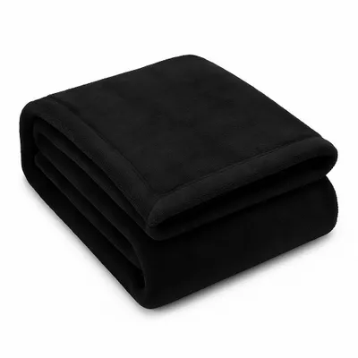 A folded black blanket on a white background.