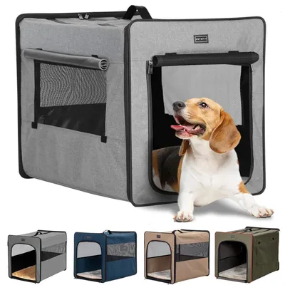 Productafbeelding van Opvouwbare hondenbench met pluche matje, draagbare transportbox voor middelgrote honden, lichtgrijs, afmetingen 61x46x53,5 cm