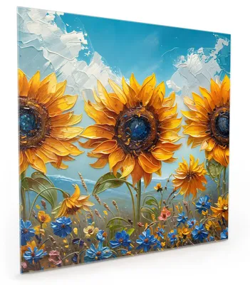 Produktbild von Küchenrückwand Spritzschutz Glas mit Motiv Sonnenblumenwiese 40 x 40 cm