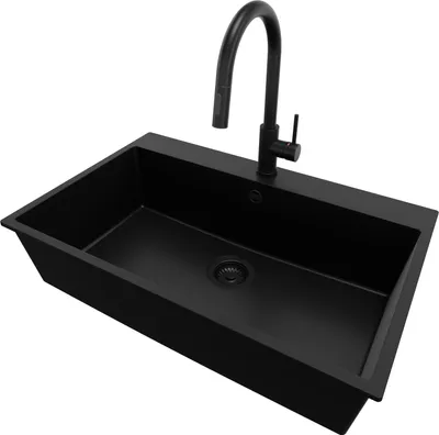 Produktbild von PRIMAGRAN Granitspüle Alles Schwarz 78x50cm, Spülbecken 1 Becken + Küchenarmatur 40x20cm + Ablauf-Set, Küchenspüle ab 80er Unterschrank - Riga