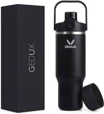 Produktbild von Hydroflasche 1000ml aus Edelstahl mit Griff und Trinkhalm, vakuum-isolierte Wasserflasche mit 2-in-1 Verschluss (Mundstück/Trinkhalm) und Silikonboden
