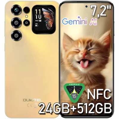 Obrázok produktu pre OUKITEL C68 Plus, smartfón s Androidom 15, 24 GB + 512 GB/1 TB (rozšíriteľné), 64 MP fotoaparát, 6000 mAh batéria, 7,2-palcový displej a 1,81-palcový podsvietový displej, 4G, dual SIM, NFC/Wi-Fi, zlatá farba