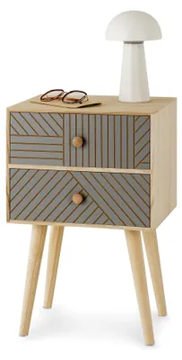 Produktbild von Nachttisch Pelo mit 2 Schubladen in Natur/Grau - Nachtkommode im Boho Stil aus Paulownia-Holz