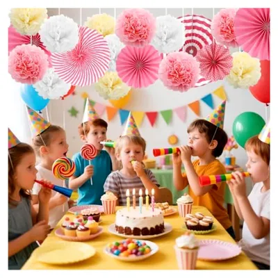 Produktbild von 18 Stück rosa Papierdekorationen für Partys, Pompoms und Fächer für Hochzeiten und Feste