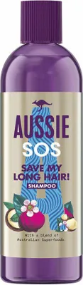 Obrázek produktu pro Aussie Vegan Shampoo, SOS Save My Long Hair, vyživuje, hydratuje, lesklý, ořechový makadamiový olej, dlouhé a poškozené vlasy, netestovaný šampon, recyklovatelný obal, 290 ml