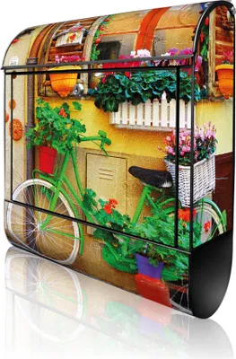 Produktbild von banjado Design Briefkasten Stahl schwarz mit Zeitungsfach pulverbeschichtet "Grünes Fahrrad" 38x46x12,5cm & 2 Schlüssel - Postkasten A4 Einwurf inkl. Montagematerial [BKSCH 11107]