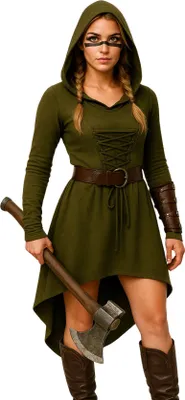 Produktbild von Damen-Kostüm Robin Hood Mittelalter Kleid mit Kapuze Grün Bogenschützin, Größe:M