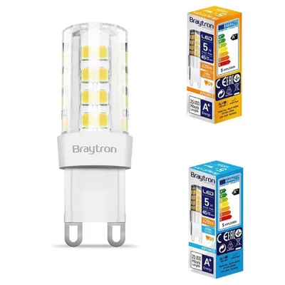 A product shot of an LED light bulb and its packaging.