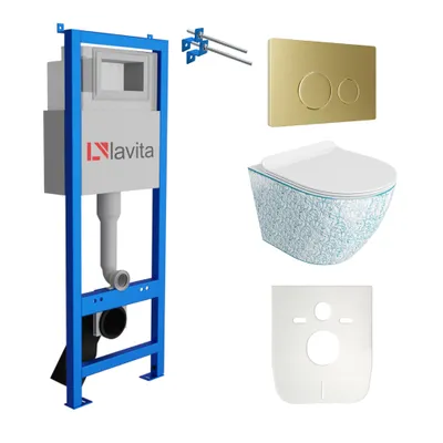Produktbild von Lavita LAV 101 Vorwandelement für WC 40cm + Wand Hänge Tiefspül WC SOFI SLIM KRESZ Weiß/Blau Spülrandlos + Bedienplatte LAV 200.4.5 Gold | Komplettset | Unterputz Spülkasten | Toilette Komplett Sett