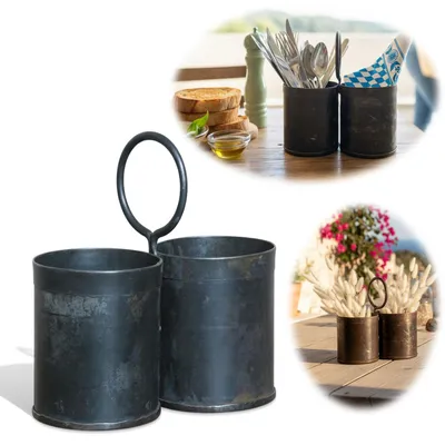 Produktbild von LS-LebenStil Vintage Besteckständer Dehli 20cm Rund 2-fach Griff Organizer Küche Utensilienhalter Besteckbehälter Besteckhalter Besteckkorb Cutlery
