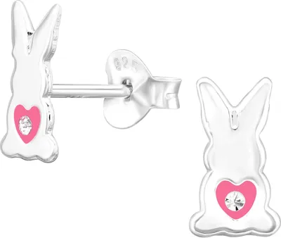 Produktbild von Kinder Ohrringe Ohrstecker Hase 925 Sterling Silber mit Herz und Kristall