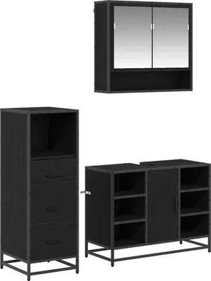 Image de vidaXL Ensemble de meubles de salle de bain, 3 pièces, noir, imitation chêne, matériau composite en bois