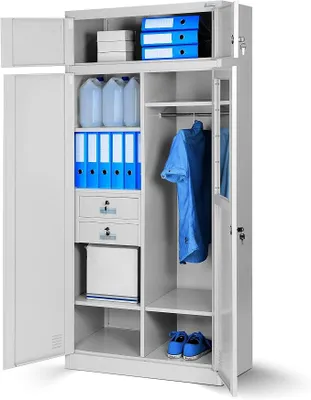 Immagine prodotto di Armadio per documenti, armadio multifunzione, armadietto | Scomparto segreto, 2 cassetti, 4 ripiani, con appendiabiti, specchio, verniciatura a polvere, con serratura, in metallo | 185 cm x 90 cm x 50 cm, colore grigio