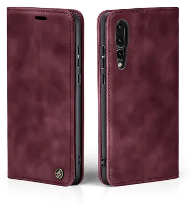 A burgundy flip case for a smartphone is shown from the side and front.