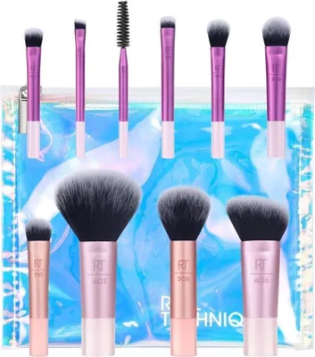 A set of makeup brushes and a cosmetic bag.