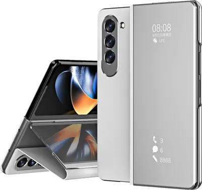 A white foldable smartphone with a silver camera module and a silver flip case with a mirrored surface displaying the time and notifications.