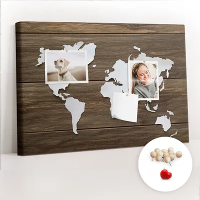 Obrázok produktu pre Korková tabuľa Tabuľa na poznámky Tabuľa na špendlíky - učebná pomôcka 60x40 cm - 100ks drevených kolíkov - Mapa sveta na doskách