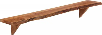 A long, narrow wooden shelf with a live edge, supported by two triangular brackets. The shelf is shown against a plain white background.