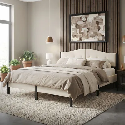 Obrázek produktu pro Čalouněná postel ML-Design 180 × 200 cm, béžová, dvojlůžko s pevným roštem, čelo postele, lamelový rošt a plátěná látka, moderní postel pro mládež