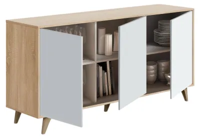 Produktbild von Anrichte Dacell, Modernes Sideboard mit 3 Türen und Einlegeböden, Küchenbuffet, Wohnzimmer-Design-Buffet, 154x40h75 cm, Eiche und Weiß