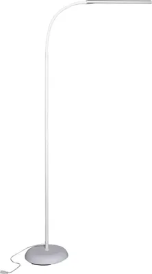 A white floor lamp with a silver LED light bar is shown against a white background.