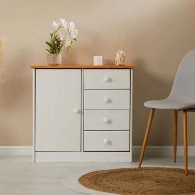 Produktbild von Kommode RONDO in weiß/braun mit 4 Schubladen und 1 Tür, Schubladenschrank aus Kiefer im Landhausstil