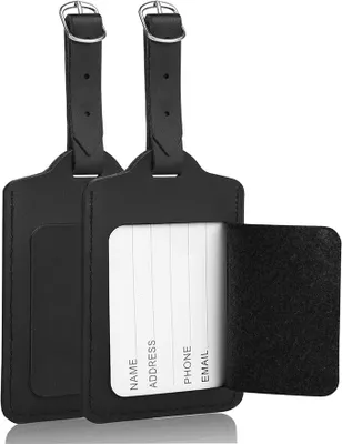 Produktbild von PolkaHome® 2er Set Gepäckanhänger Kofferanhänger aus Kunstleder mit Sichtfenster und Adresskarte – Schwarz