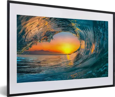 Produktbild von MuchoWow® Gerahmtes Poster Sonnenuntergang - Wasser - Welle - Orange 60x40 cm - Poster mit Schwarzem Bilderrahmen Wandposter Rahmen Foto Bilder - Schlafzimmer - Plakat in Rahmen - Drucken