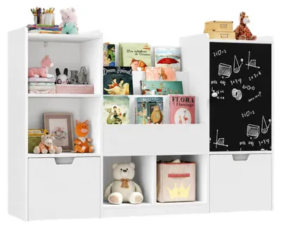 Zdjęcie produktu dla Organizer do zabawek dla dzieci GINGER HOME z czarną tablicą, półką, 2 szufladami i 6 przegródkami, wykonany z drewna i MDF, wymiary: 140 x 51 x 80 cm