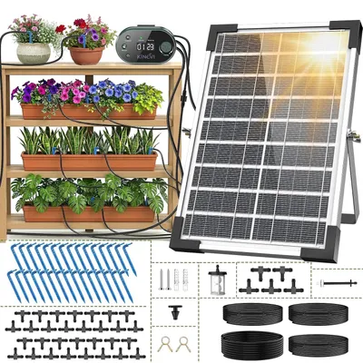 Zdjęcie produktu dla Solarny system nawadniania ogrodu – automatyczny, z timerem (22 tryby), wężem o długości 30 m i 30 kroplownikami; idealny do nawadniania roślin na
