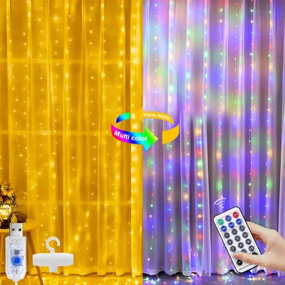 Obrázok produktu pre Osvetľovací záves do interiéru, 3 x 3 metre, 300 LED diód, s možnosťou stmievania, 12 režimov, diaľkové ovládanie, časovač, USB svetelný reťazec, teplá biela/farebná