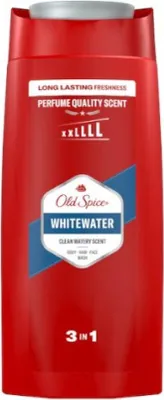 A red bottle of Old Spice Whitewater body wash.