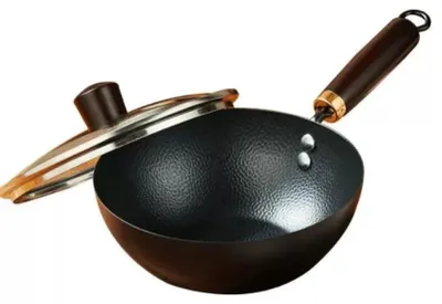 Image de Mini-wok – Poêle wok – 24 cm – Fonte – Sans revêtement – Couvercle en verre – Compatible avec les plaques à gaz et à induction