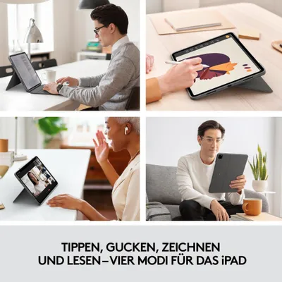 A collage of four images showing different uses of an iPad with a Logitech Combo Touch keyboard case, along with German text describing its features.