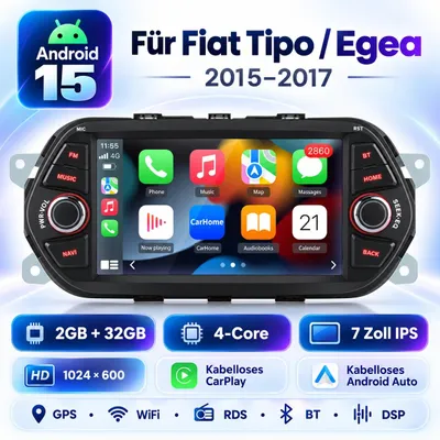 Immagine prodotto di Autoradio Android 15 Junsun per Fiat Tipo Egea 2015–2017, schermo tattile IPS da 7 pollici, 2GB+32GB, CarPlay e Android Auto wireless, GPS, Bluetooth, DSP