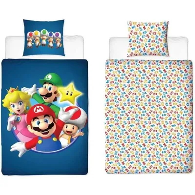 Produktbild von Wendebettwäscheset - MARIO BROS - Mario und seine Freunde - Mikrofaser - 1 Bettbezug 140 x 200 cm + 1 Kissenbezug 63 x 63 cm