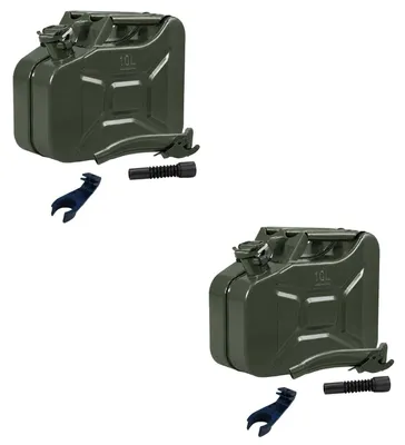 Produktbild von 2x Benzinkanister Kraftstoffkanister Metall 10 Liter Oliv inkl. Ausgießer + Halter UN Zulassung