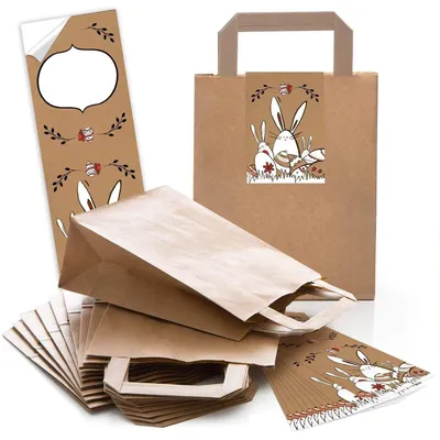 Produktbild von 25 kleine braune Papiertüte Ostern Oster-Verpackung Geschenktasche 18 x 8 x 22 cm kleine Papiertaschen + 25 Aufkleber grün braun HASENGRUSS Ostergeschenke verpacken Kinder OsternestHasenfamilie braun weiß / 10 Stück