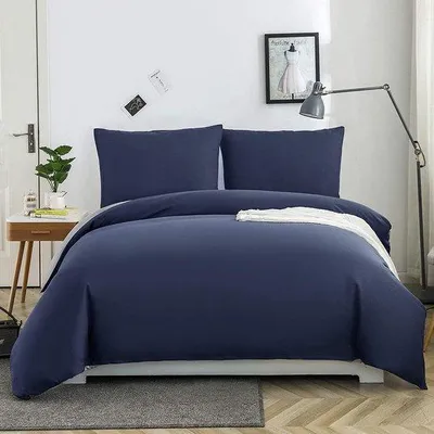 Zdjęcie produktu dla Komplet pościeli Famanu z mikrofibry, 200 x 200 cm + 2 poszewki na poduszki 80 x 80 cm, z zamkiem błyskawicznym, kolor granatowy/jasnoszary