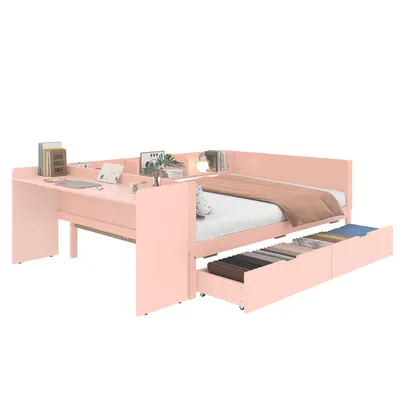 A pink bed with a desk and storage drawers, shown against a white background.