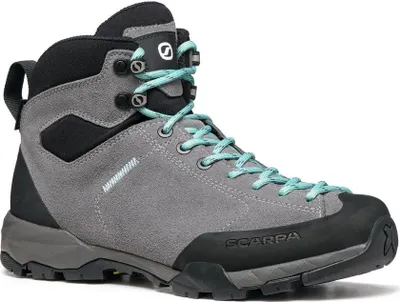 Mojito Hike GTX Wmn Wanderschuhe von Scarpa in Grau mit türkisfarbenen Schnürsenkeln.