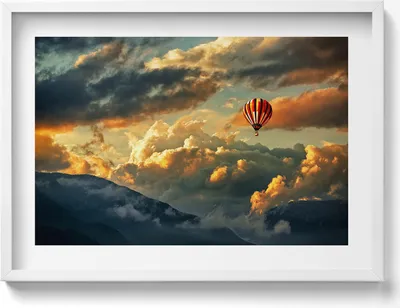 Produktbild von Ballonfahrt zwischen den Wolken– Wandbild mit Rahmen – Gerahmtes Bild  – Wanddekoration – 70x50 cm –  Weiß Rahmen