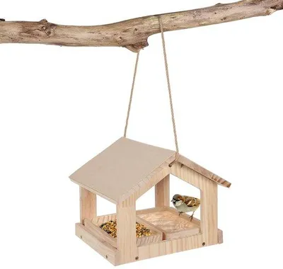 Produktbild von Futterhaus aus Holz für kleine Wildvögel – Wetterbeständige, hängende Futterstation mit 2 Futterstellen für Garten und Balkon – Natürliches Design
