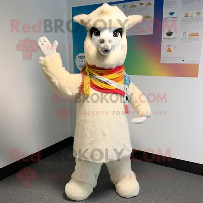 Produktbild von Cremefarbener REDBROKOLY Lama Maskottchen Kostüm charakter bekleidet mit Capri-Hosen und Schal-Clips
